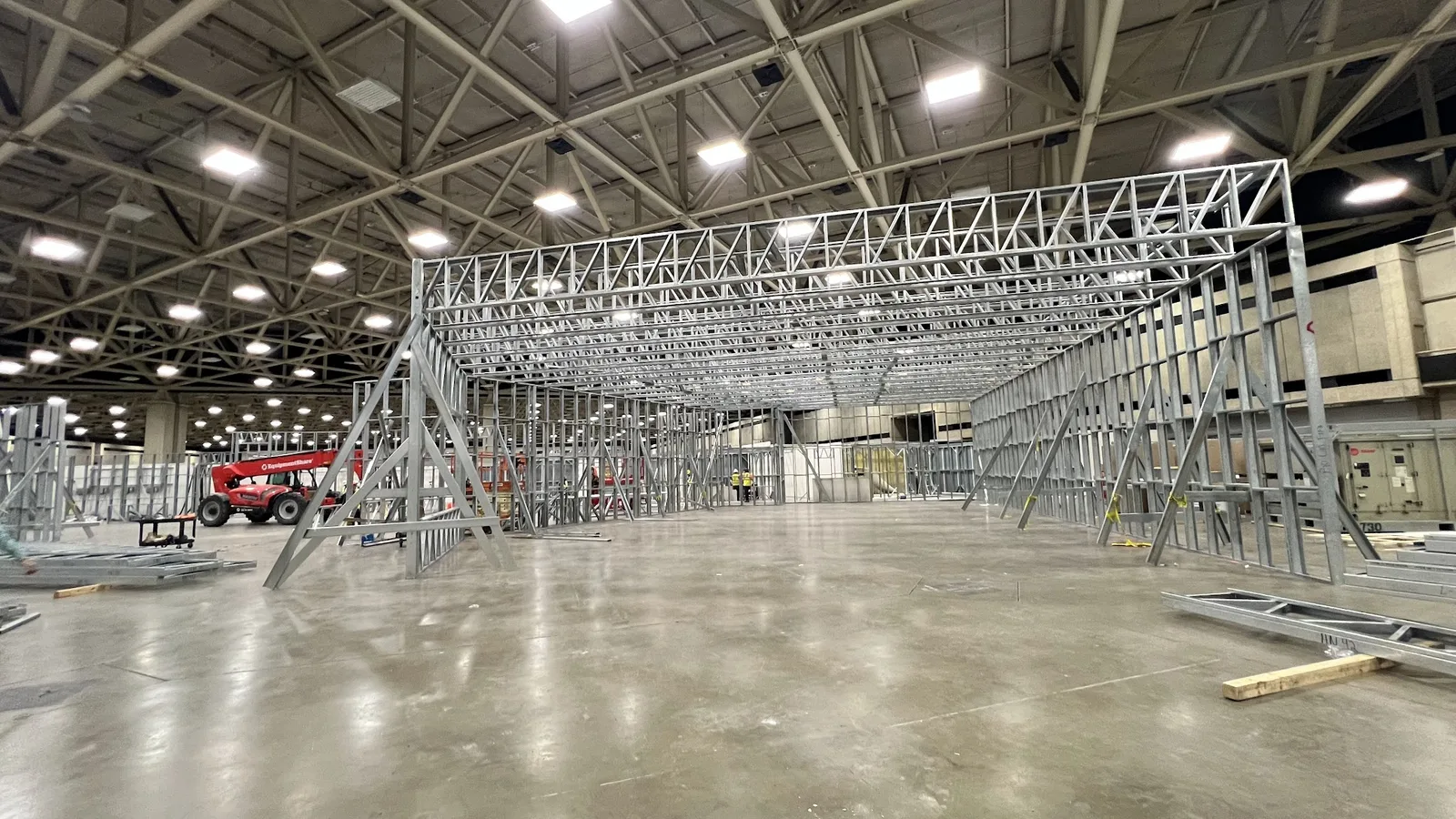 Cold-formed steel wall framing and trusses during broadcast center construction